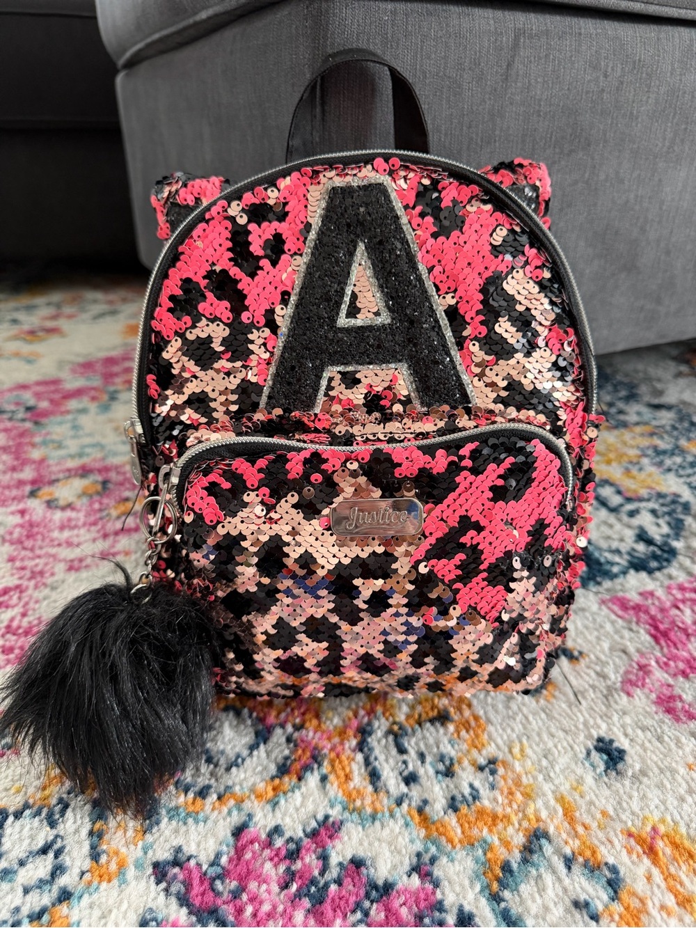 Justice Reversible Sequin Pink Black Kids Mini Backpack Cheetah Ears Fur Pom Pom